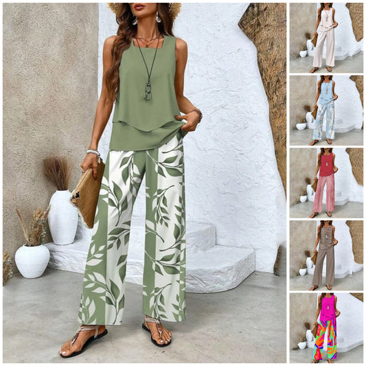 🌺 ¡Conjunto de dos piezas con estampado de moda para mujer – Combinación de camiseta sin mangas y pantalones!"