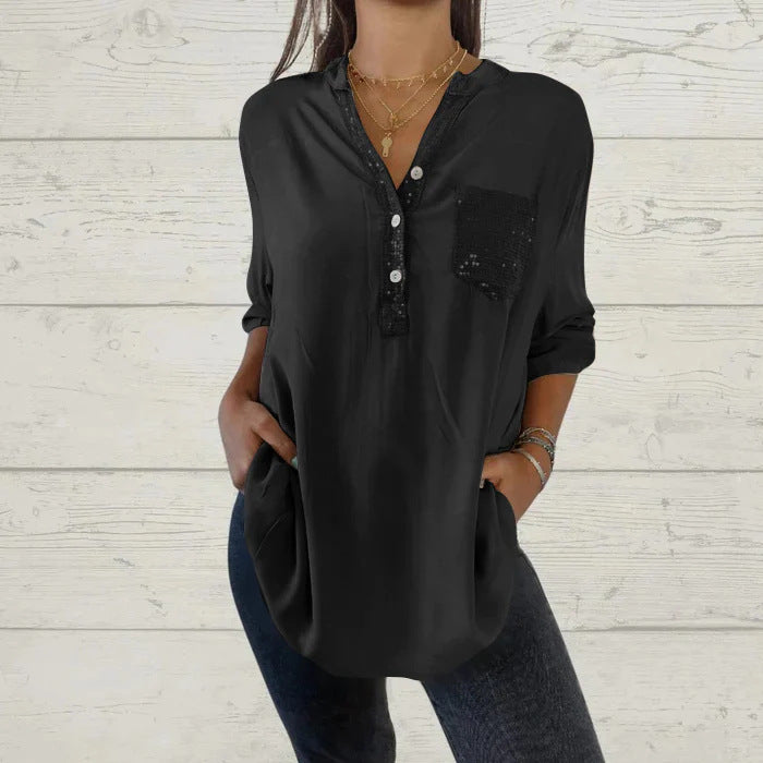 🌸Camisa de mujer con cuello en V y parches de lentejuelas benefiyou