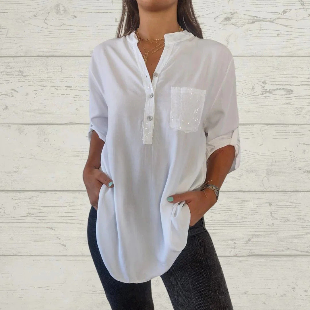 🌸Camisa de mujer con cuello en V y parches de lentejuelas benefiyou