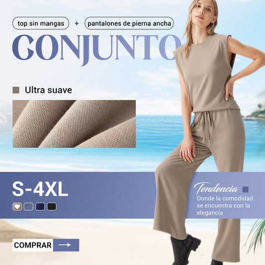 Conjunto de 2 piezas de top sin mangas y pantalones de pierna ancha para mujer