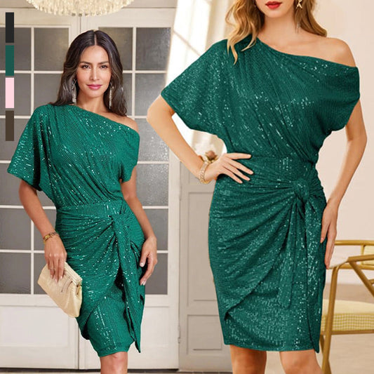 💃Vestido de fiesta brillante con lentejuelas y un solo hombro para mujer✨