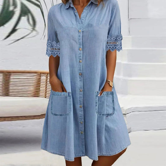 👗✨ Mini Vestido Vaquero Azul con Ribete de Encaje y Cuello – Estilo Casual y Elegante para Cada Ocasión 💙🌸