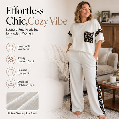 Conjunto de dos piezas para mujer con estampado de leopardo y diseño de retazos