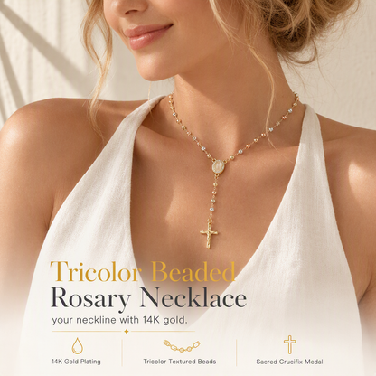 ✨ Collar de Rosario Vintage con Dije de Cruz y Virgen María – Cadena en Y con Cuentas Bañada en Oro ✨