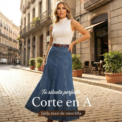 Falda Maxi vaquera de cintura alta y línea A para mujer