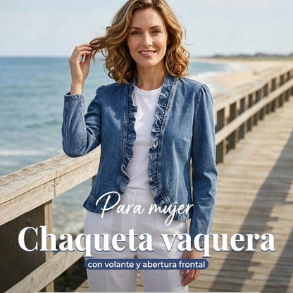 🌸 ¡OFERTA POR TIEMPO LIMITADO 50% DE DESCUENTO! 💃 Chaqueta de Mezclilla de Mujer con Volantes – Ligera, Sin Botones, Lavado Clásico Azul ✨