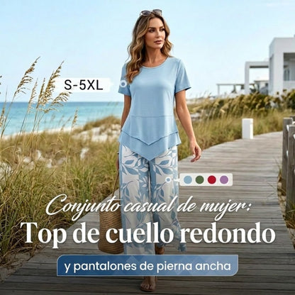 💙Conjunto informal de túnica en capas de escote redondo y pantalones de pierna ancha