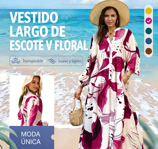 ⏰ ¡Oferta Limitada 50% OFF! 👗 Vestido Largo Floral con Cuello en V para Mujer – Comodidad como una Nube y Estilo Elegante 🌸💃