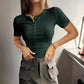 Camiseta de punto Henley de manga corta para mujer y acanalado