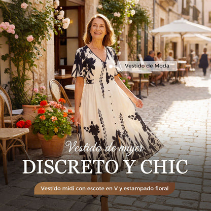 Elegante vestido midi con escote en V y estampado botánico