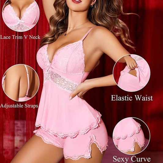 🎉Venta💕caliente de verano Encaje con cuello en V Camisola y pantalones cortos Conjunto de ropa de dormir