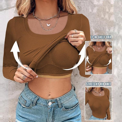 🎁Novedades 2026 50% de descuento💥con cuello empotrado sujetador camisas de manga larga con acanalado y tela elegante ajustada