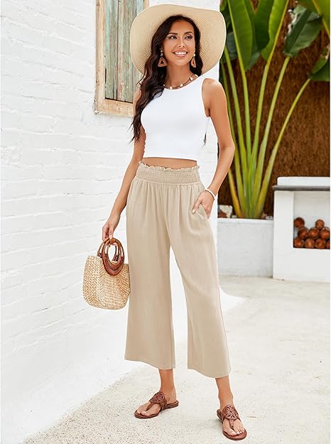 👖 50% de descuento💫en pantalones capri de cintura alta de lino de cintura ancha y de talle alto