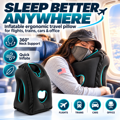 Almohada de Viaje Inflable Ergonómica con Aberturas y Bolsa de Transporte