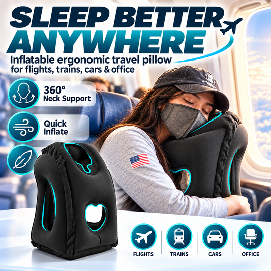 Almohada de Viaje Inflable Ergonómica con Aberturas y Bolsa de Transporte