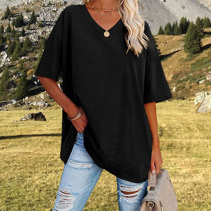 👕 ¡TIEMPO LIMITADO 50% DE DESCUENTO! 💥 Camiseta informal holgada de escote en pico – Suave, transpirable y con dobladillo ✨ fluido