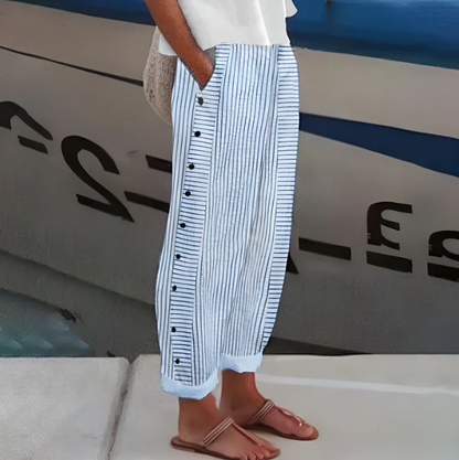👖 -¡30% DE DESCUENTO EN PRIMAVERA! ✨ Pantalones cómodos de rayas azules con bolsillos: transpirables, con estilo y perfectos para el verano 🌿