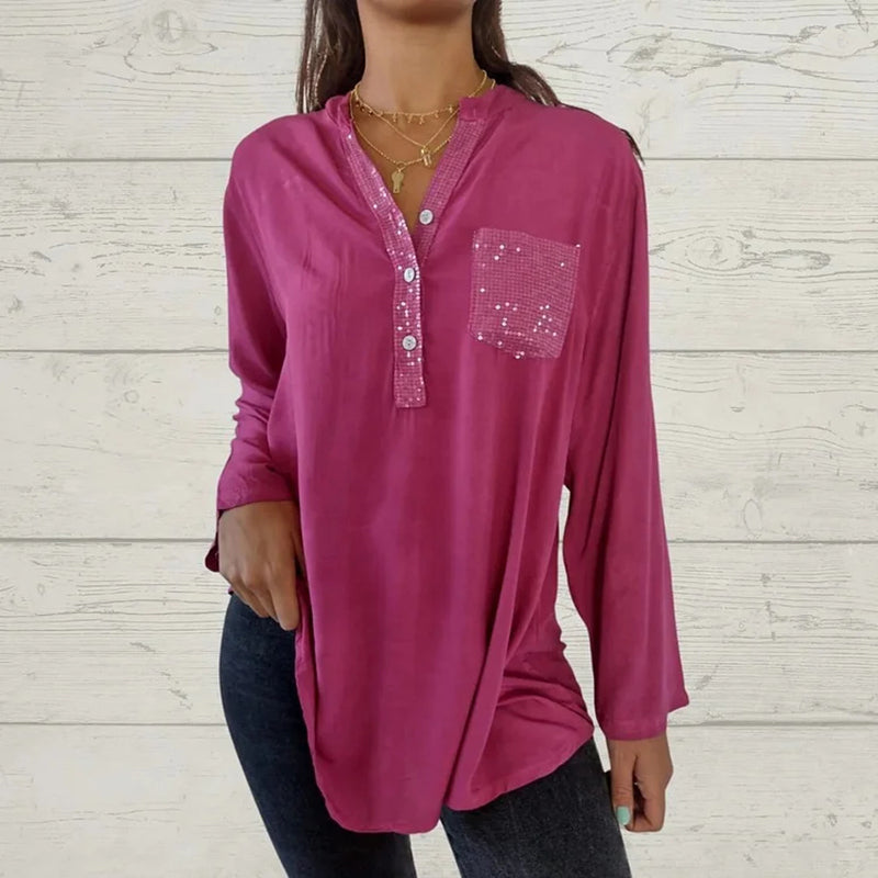 🌸Camisa de mujer con cuello en V y parches de lentejuelas benefiyou