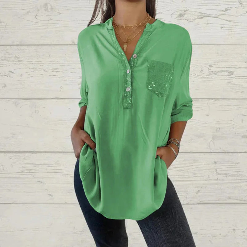 🌸Camisa de mujer con cuello en V y parches de lentejuelas benefiyou