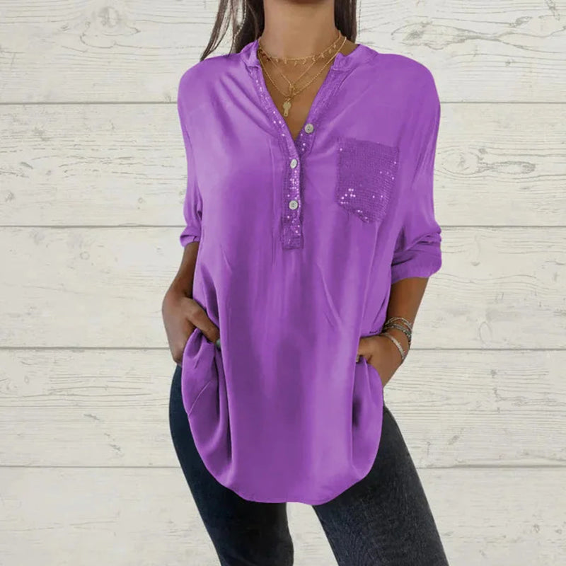 🌸Camisa de mujer con cuello en V y parches de lentejuelas benefiyou