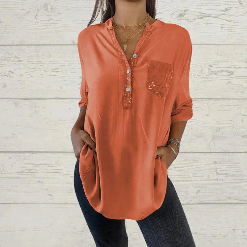 🌸Camisa de mujer con cuello en V y parches de lentejuelas benefiyou