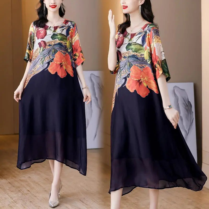 Elegante vestido de tallas grandes con estampado floral fluido benefiyou