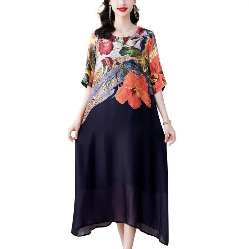 Elegante vestido de tallas grandes con estampado floral fluido benefiyou