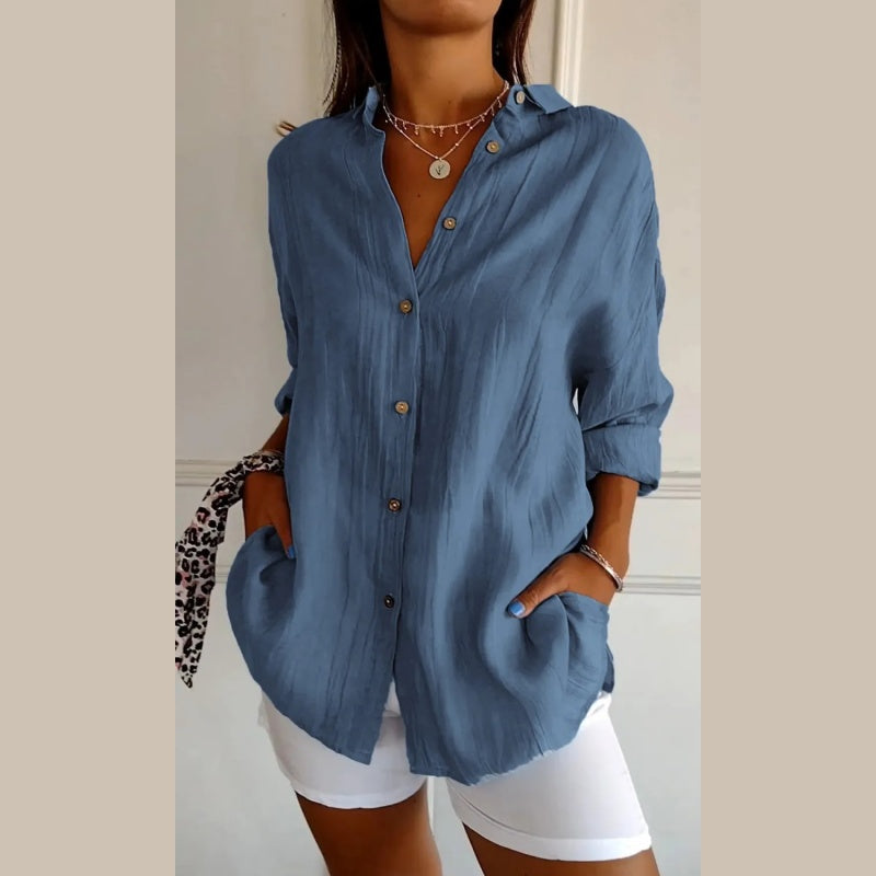 🌷Oferta de verano 40% de descuento💝Camisa clásica con solapa de un solo pecho y textura plisada para mujer benefiyou