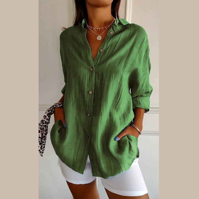 🌷Oferta de verano 40% de descuento💝Camisa clásica con solapa de un solo pecho y textura plisada para mujer benefiyou