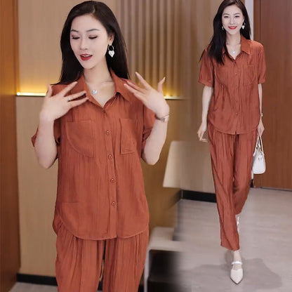 Conjunto casual de 2 piezas de camisa de manga corta y pantalón tobillero de color sólido benefiyou