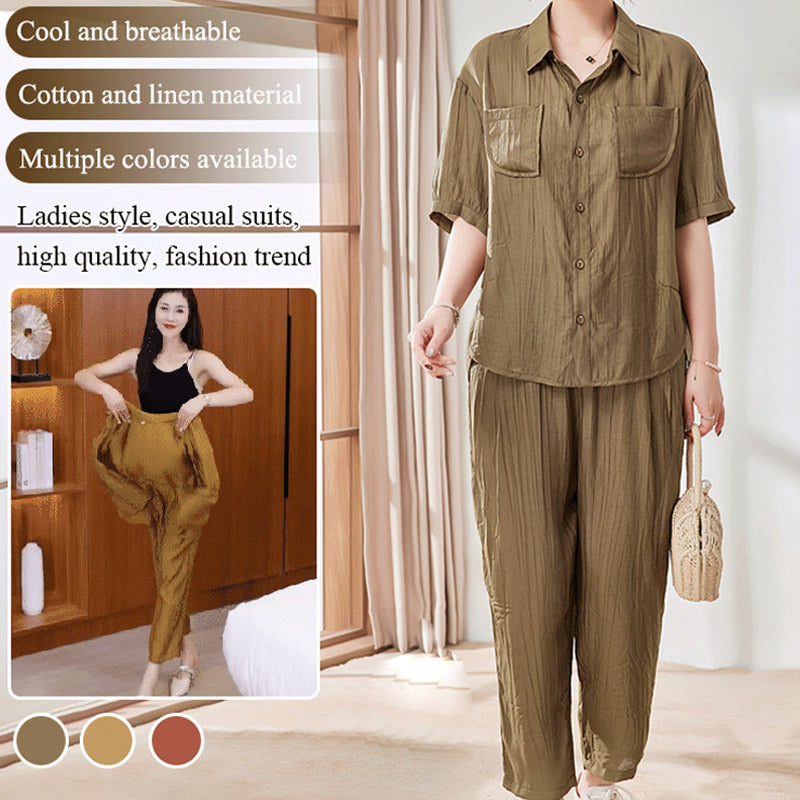Conjunto casual de 2 piezas de camisa de manga corta y pantalón tobillero de color sólido benefiyou