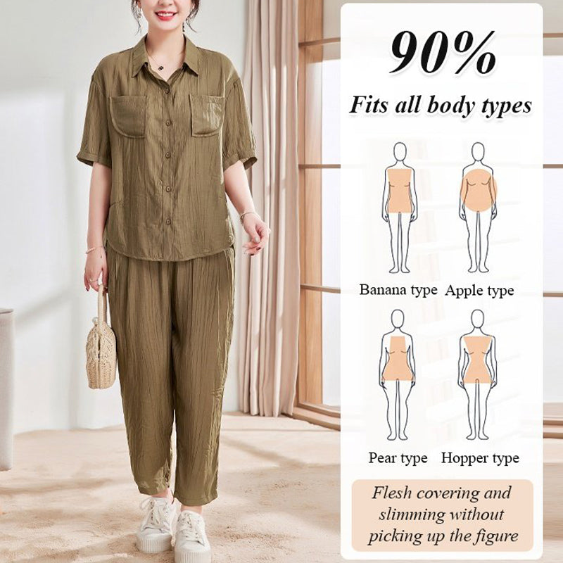 Conjunto casual de 2 piezas de camisa de manga corta y pantalón tobillero de color sólido benefiyou