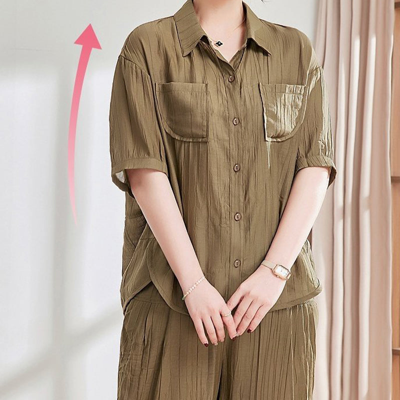 Conjunto casual de 2 piezas de camisa de manga corta y pantalón tobillero de color sólido benefiyou