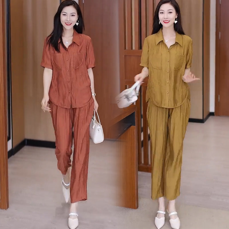 Conjunto casual de 2 piezas de camisa de manga corta y pantalón tobillero de color sólido benefiyou