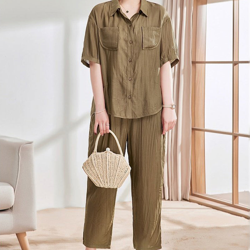 Conjunto casual de 2 piezas de camisa de manga corta y pantalón tobillero de color sólido benefiyou