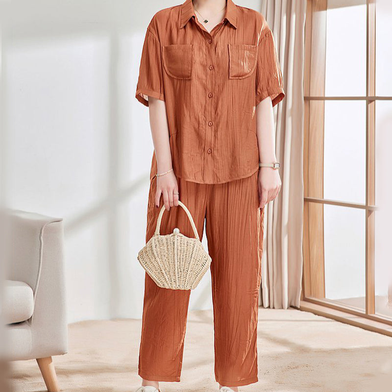Conjunto casual de 2 piezas de camisa de manga corta y pantalón tobillero de color sólido benefiyou
