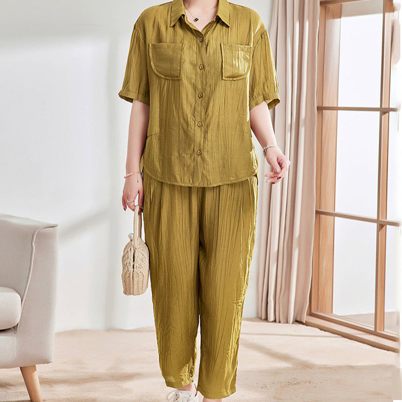Conjunto casual de 2 piezas de camisa de manga corta y pantalón tobillero de color sólido benefiyou
