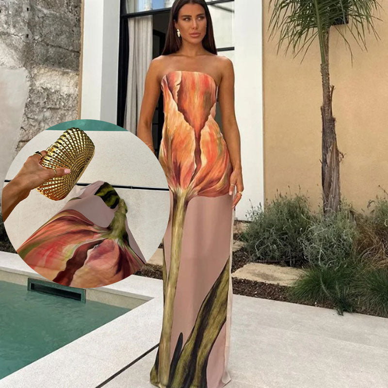 Vestido largo sin tirantes con estampado floral elegante para mujer benefiyou