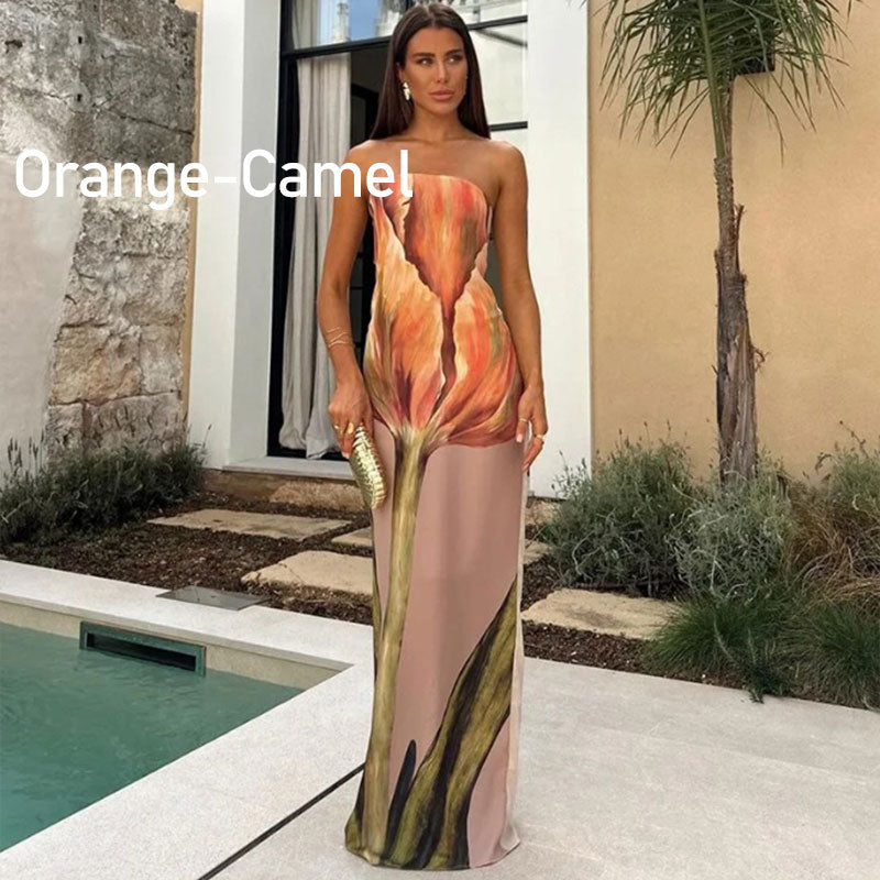 Vestido largo sin tirantes con estampado floral elegante para mujer benefiyou