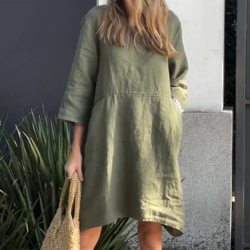 🔥Compre 2 envío gratis🔥Vestido informal holgado de color liso con bolsillo para mujer benefiyou