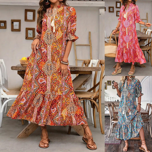 ⏳Vestido👗 Bohemio Largo de Cuello en V con 49% de descuento⏰por tiempo limitado