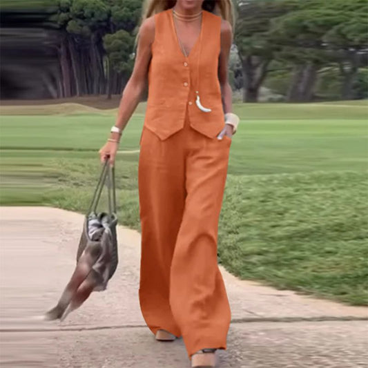 💕Conjunto de 2 piezas de chaleco abotonado y pantalones de pierna ancha de color sólido para mujeres
