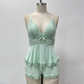 🎉Venta💕caliente de verano Encaje con cuello en V Camisola y pantalones cortos Conjunto de ropa de dormir