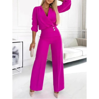 Conjunto de top y pantalón con cuello en V de moda para mujer