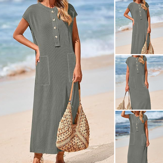 Vestido largo Henley de punto acanalado para mujer