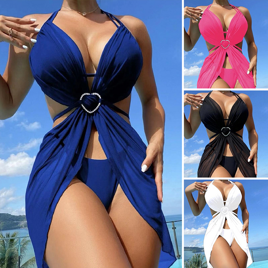 Conjunto de bikini halter de 3 piezas de color liso