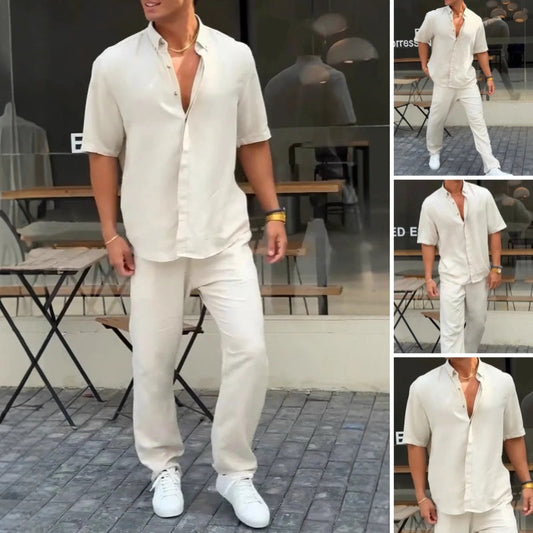 ✨Venta caliente 50% OFF✨Conjunto👔 de 2 piezas de tops y pantalones de manga corta con solapa sólida para hombre