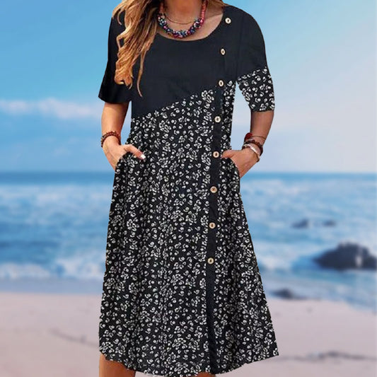 Vestido de lino de algodón con estampado vintage de patchwork para mujer