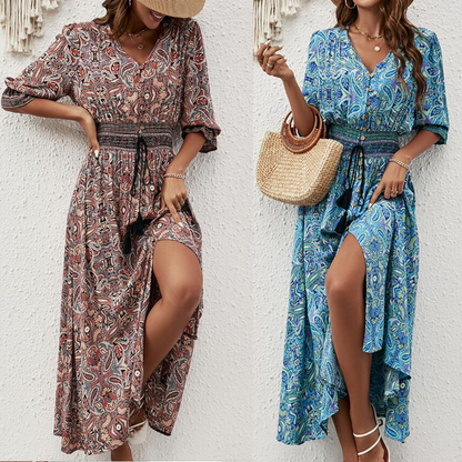 💃 Vestidos con cuello en V con estampado bohemio para mujer