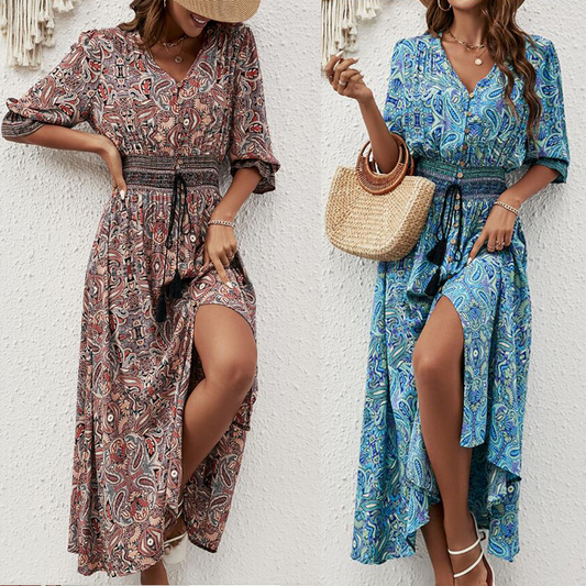 💃 Vestidos con cuello en V con estampado bohemio para mujer